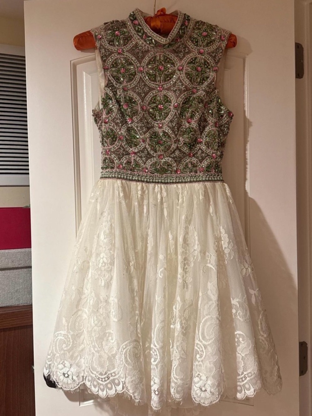 Sherri Hill Ivory Lace Dress with Green Embroidered